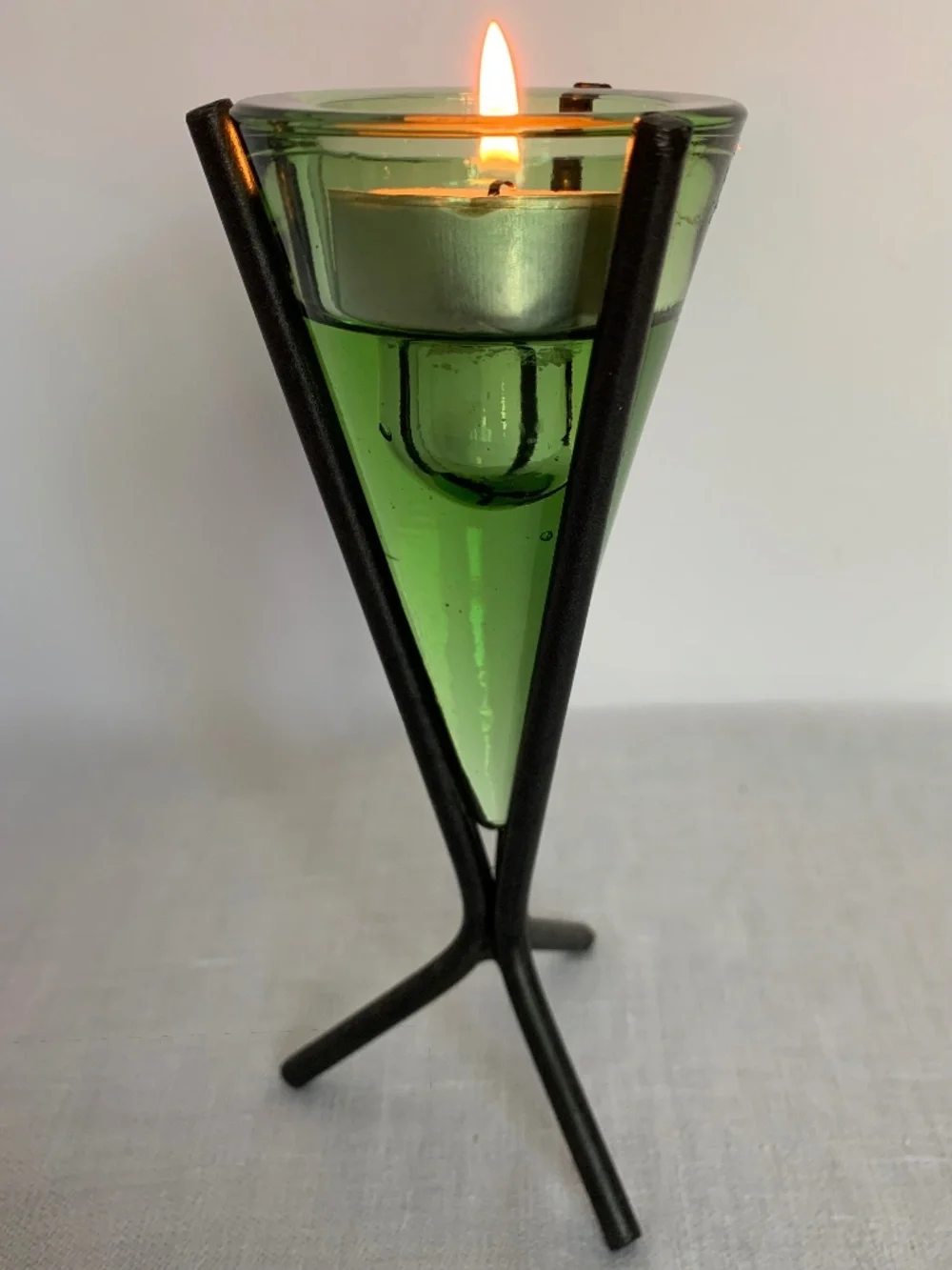 Vintage Green Glass Votive Candle Holder Black Metal Tripod Stand 6.75